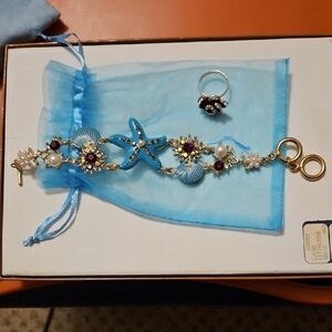 Goldtone Sea Life Bracelet with Blue Enamel Starfish and Shells and Ring